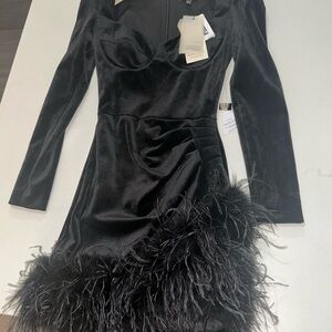 NADINE MERABI Black Long Sleeve Feathered Dress